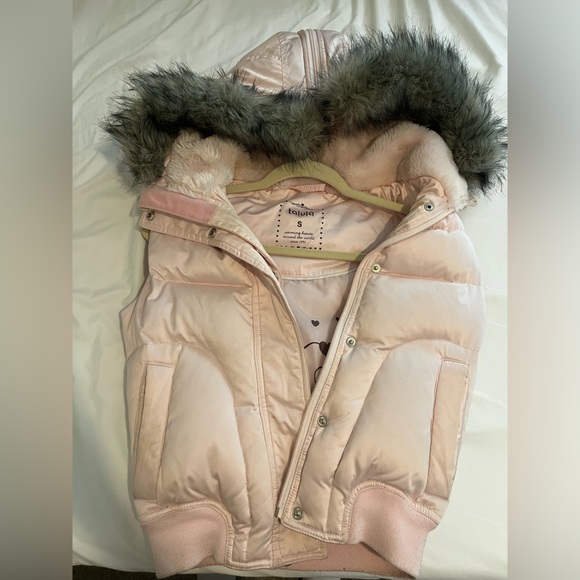 Talula duck down/feather puffer vest, pink, size S, grey fur hood, soft plushy - Picture 1 of 8